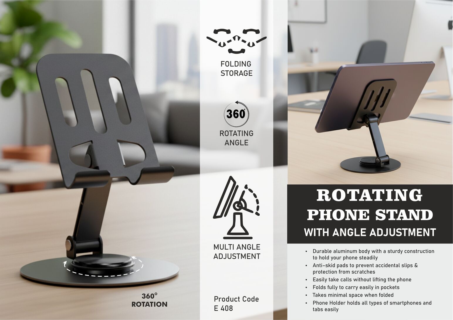 E408 – Rotating phone stand with Angle adjustment