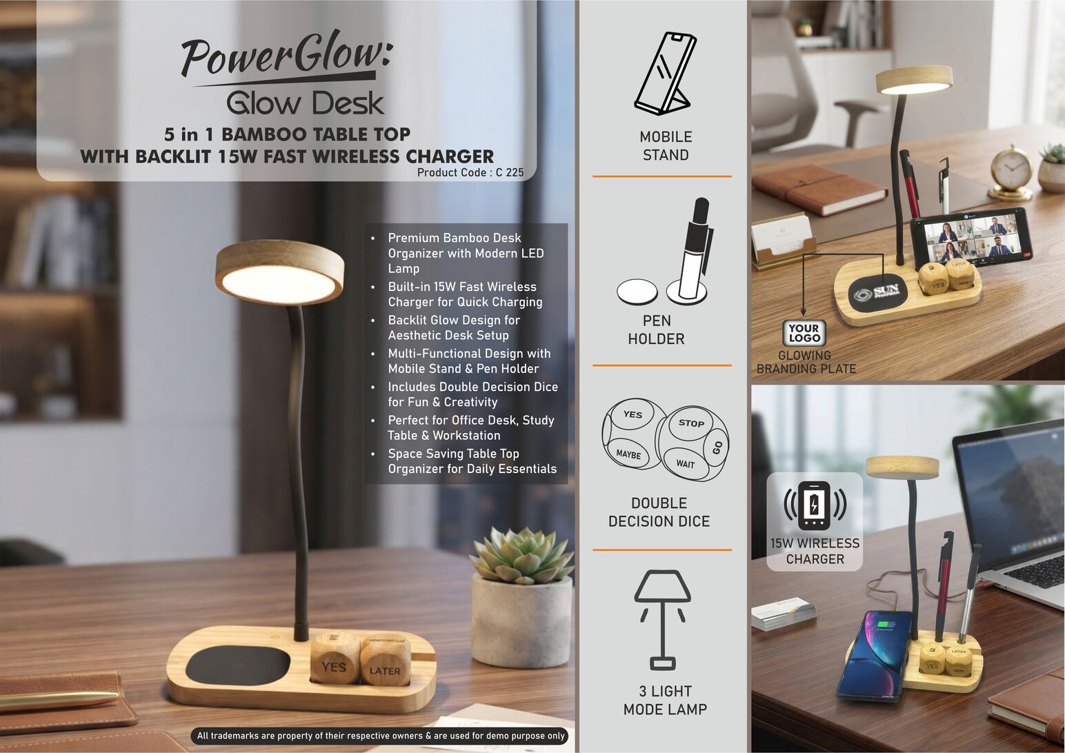 C225 – PowerGlow GlowDesk: Bamboo Table Top with LED Lamp
