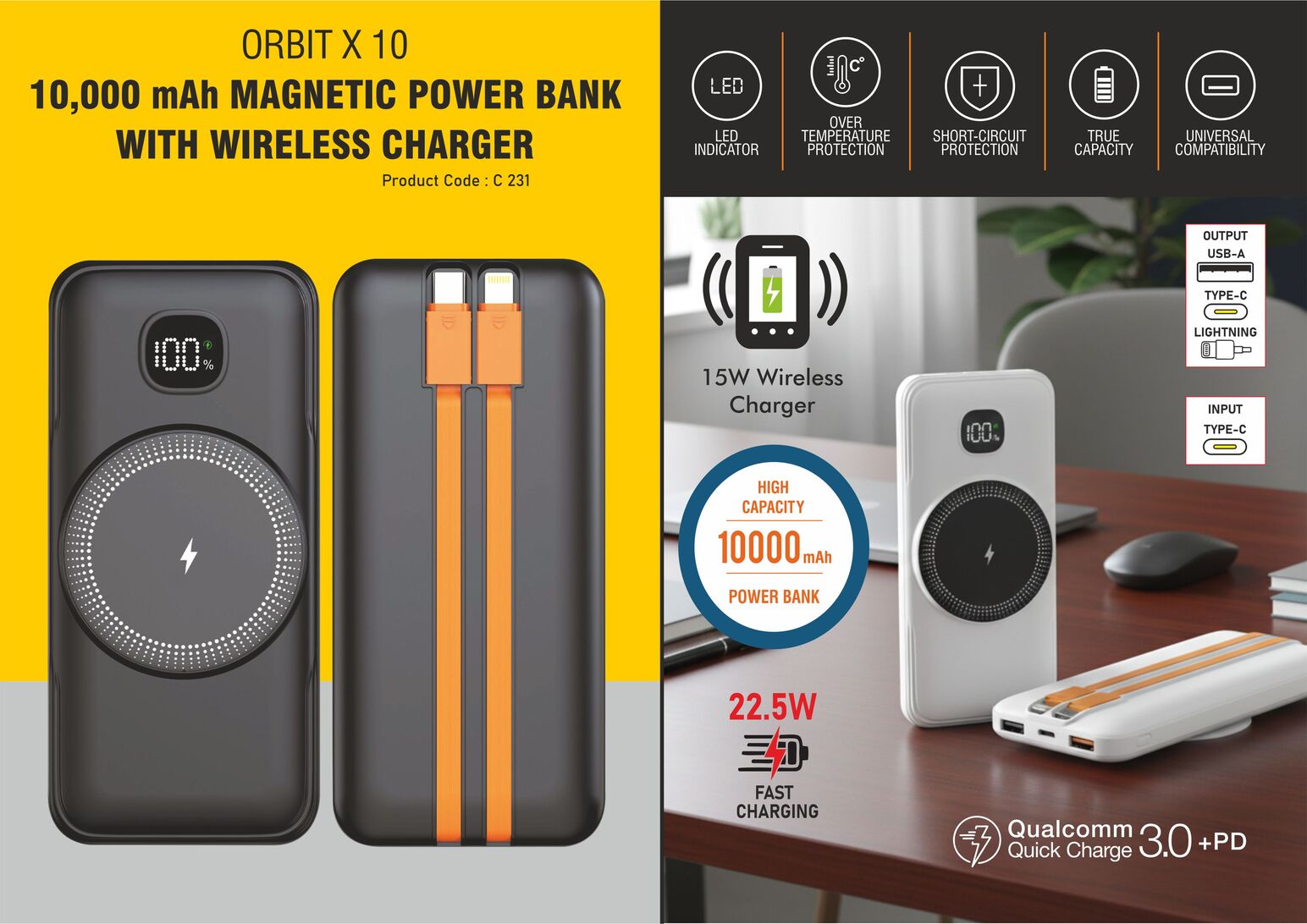 C231 – Orbit X 10: 10,000 mAh Magnetic Power bank With Wireless Charger