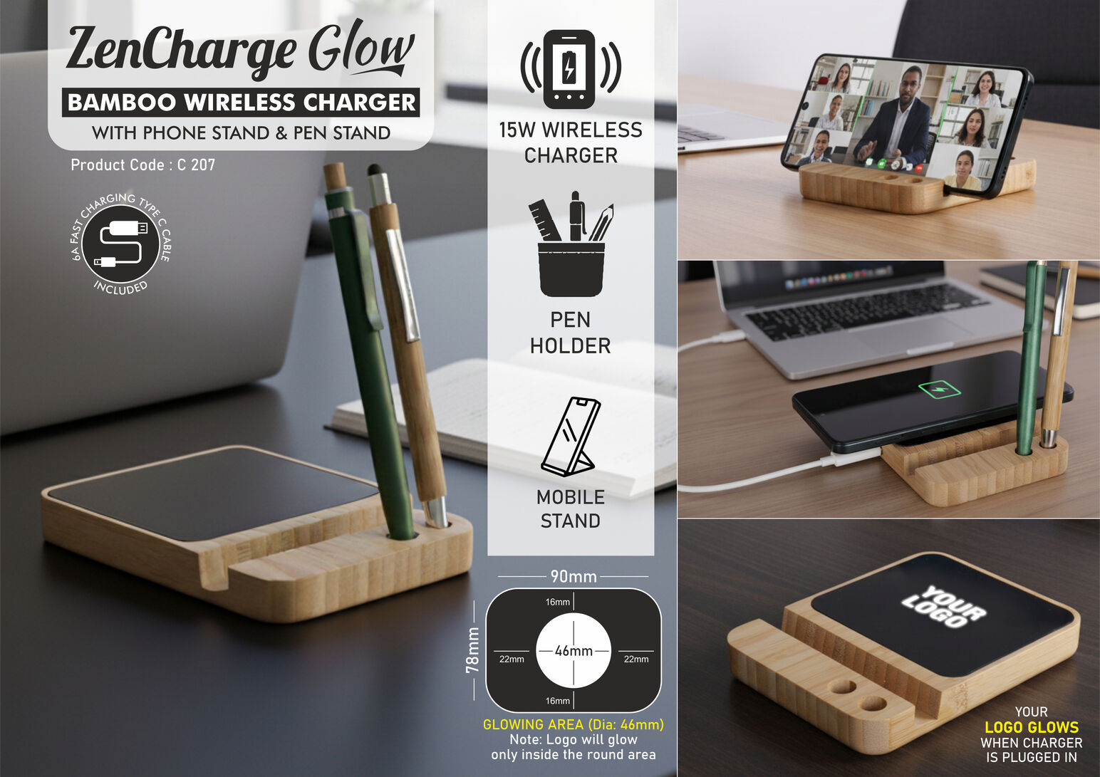 C207 – ZenCharge Glow: Bamboo Wireless Charger