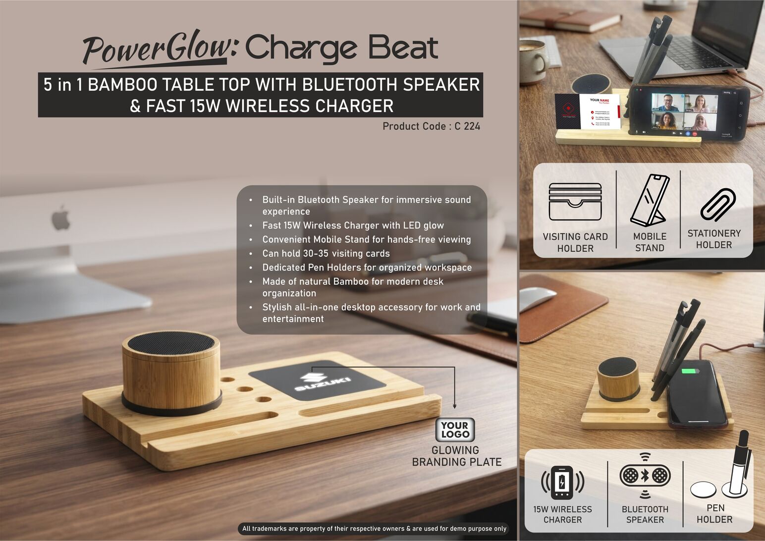 C224 – PowerGlow ChargeBeat: Bamboo Table Top with Bluetooth Speaker