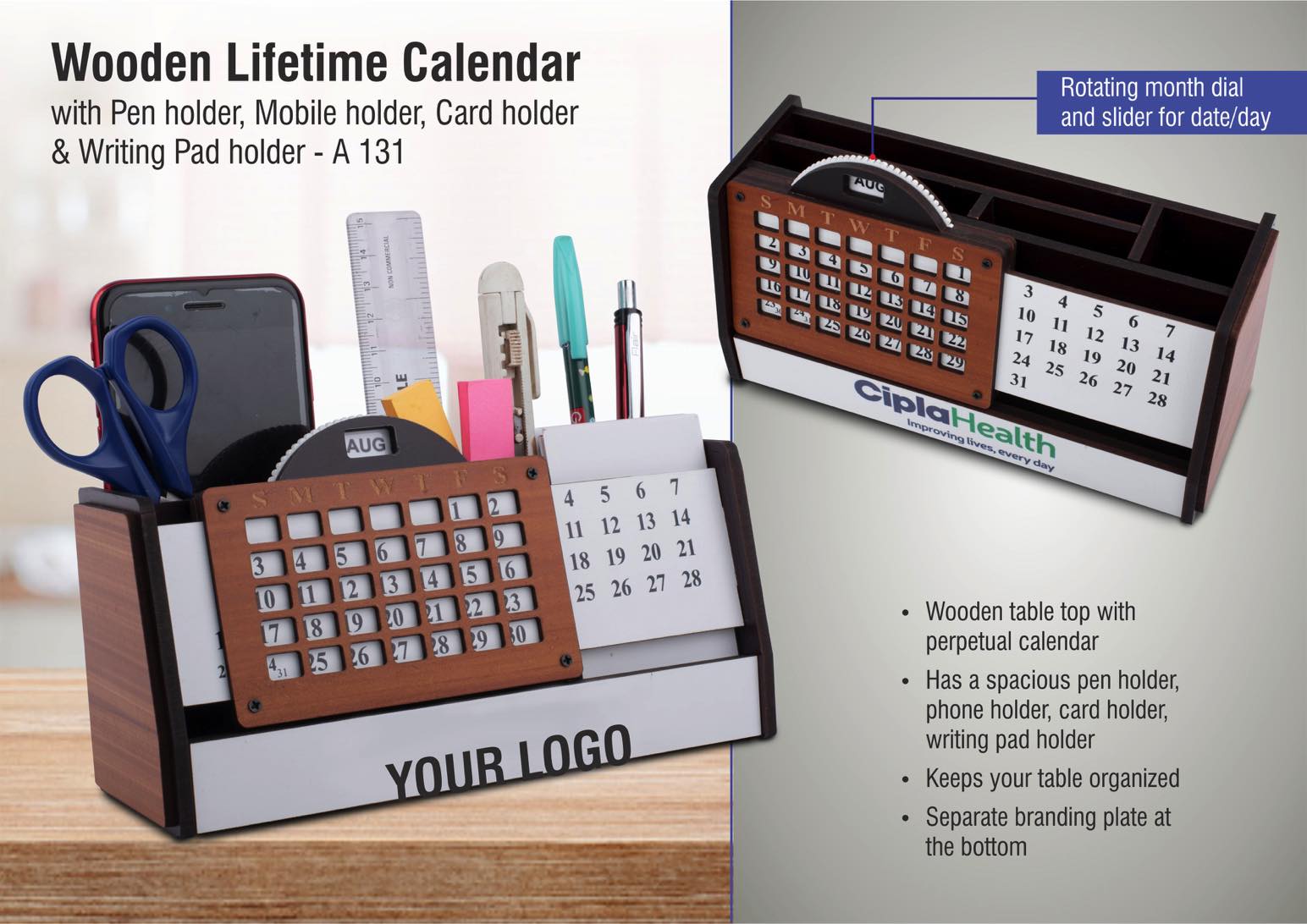 A131 – Wooden Lifetime Calendar With Pen Holder, Mobile Holder, Card Holder And Writing Pad Holder | Branding Included