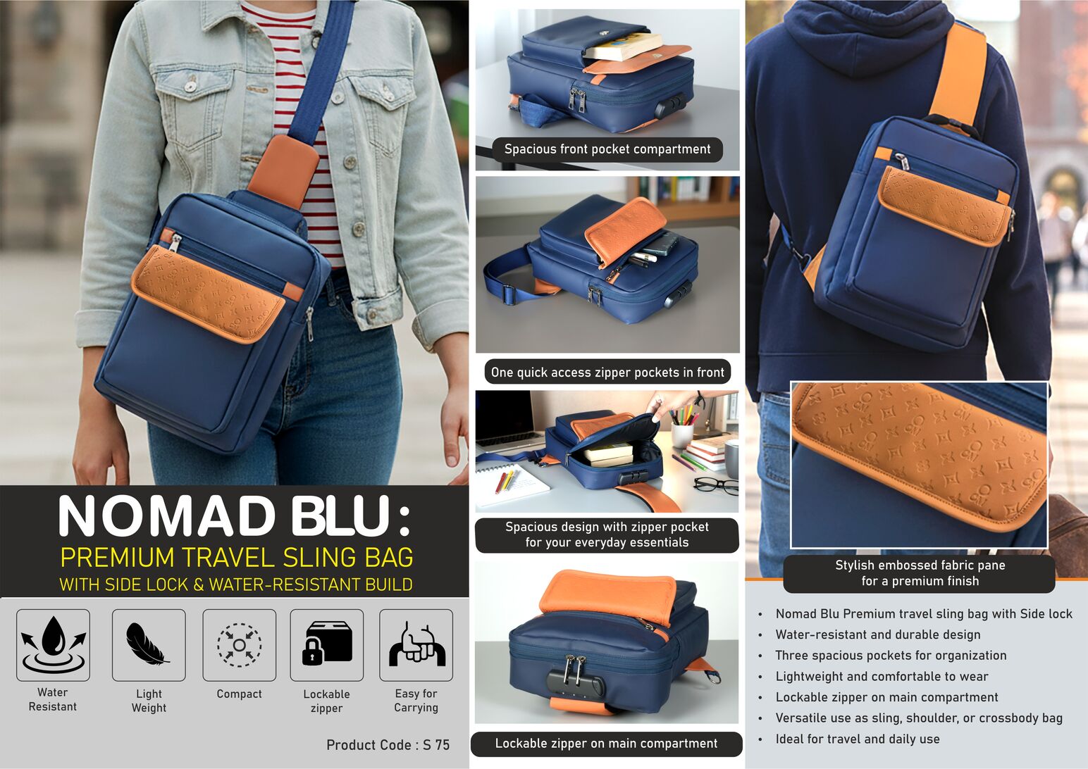 S75 – Nomad Blu: Premium travel sling bag