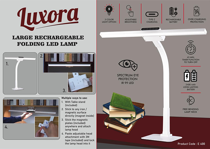 E400 – Luxora: Large rechargeable Folding LED lamp