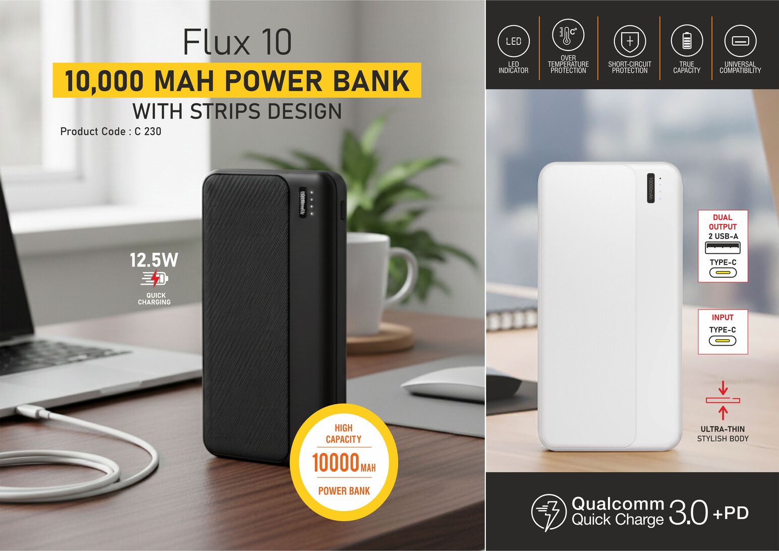 C230 – Flux 10: 10,000 mAh Power bank with Strips design | 12.5W output | Dual USB output