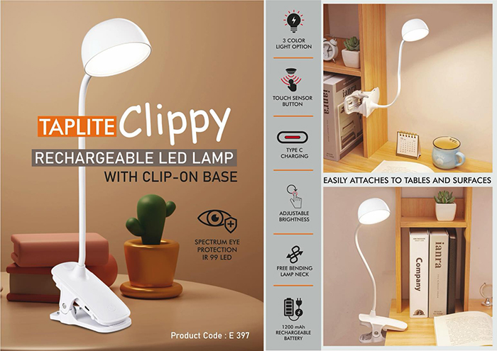 E397 – Taplite Clippy: Rechargeable LED lamp with clip on base