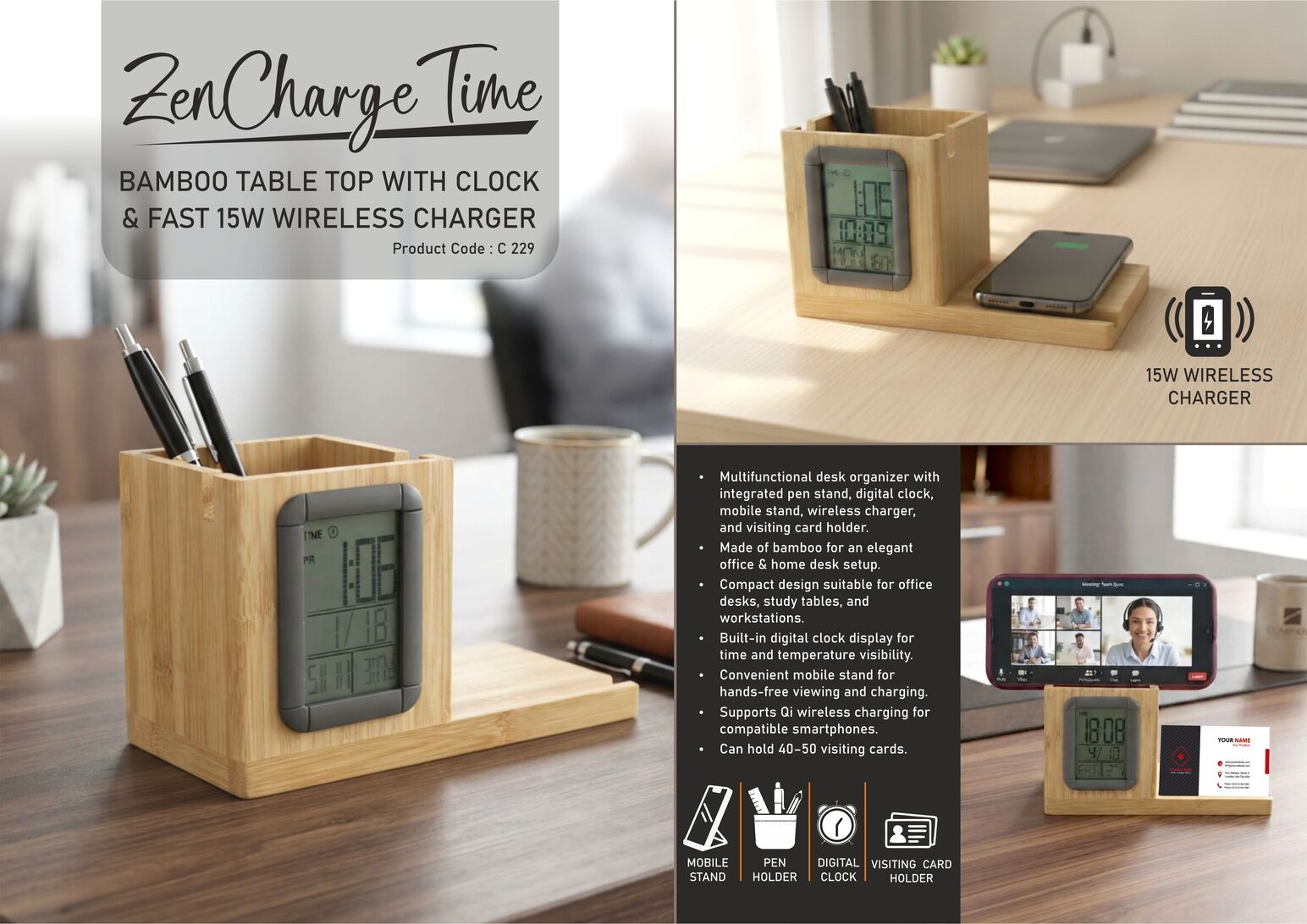 C229 – ZenCharge Time: Bamboo Pen Stand with Clock | Mobile Stand