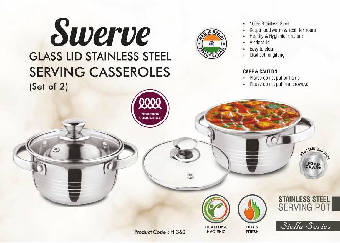 H360 – Swerve: Glass lid Stainless Steel Serving Casseroles