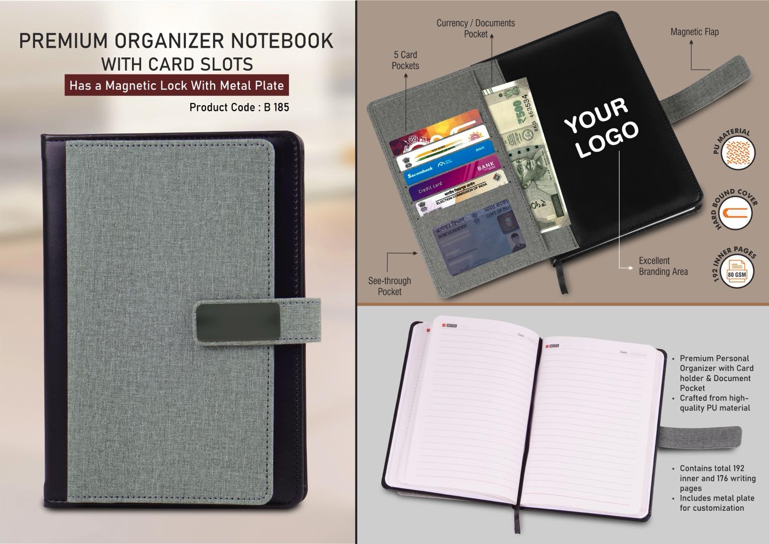 B185 – Premium Organizer notebook with card slots