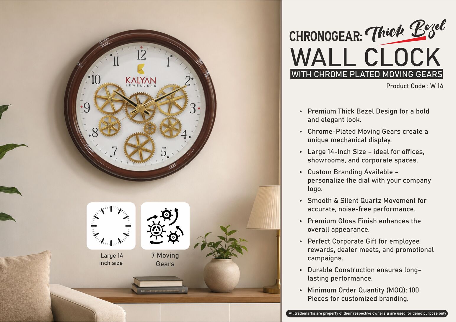 W14 – ChronoGear: Thick Bezel Wall clock with Chrome plated moving gears