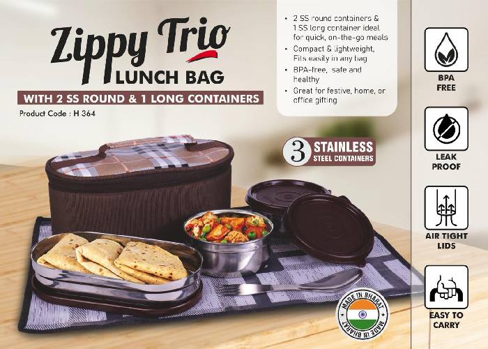 H364 – Zippy Trio: Lunch bag with 2 SS round containers