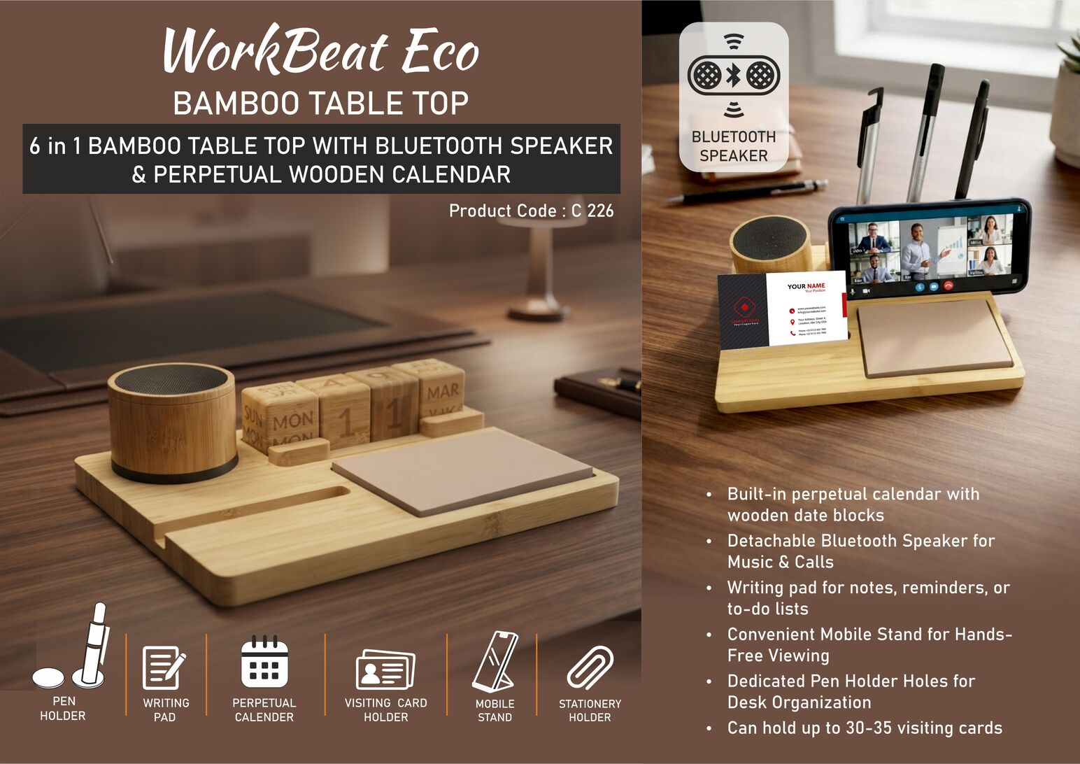 C226 – WorkBeat Eco: Bamboo Table Top with Bluetooth Speaker | Perpetual Calendar