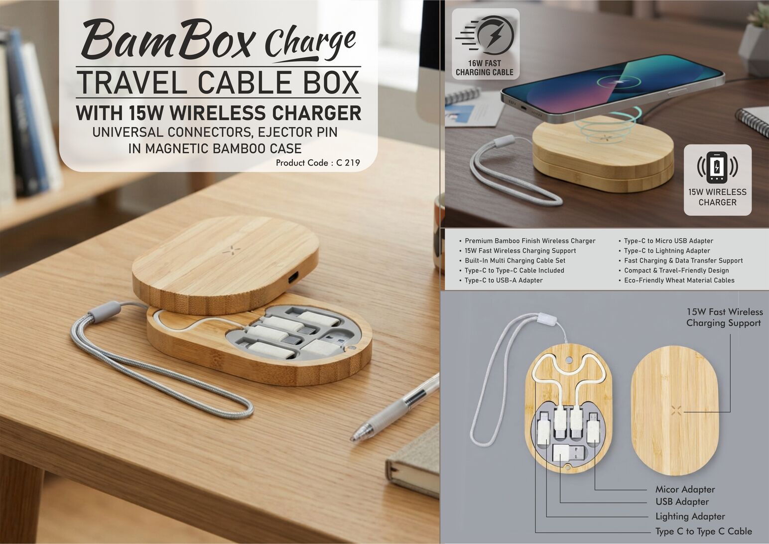 C219 – Travel Cable box with 15W Fast Wireless charger