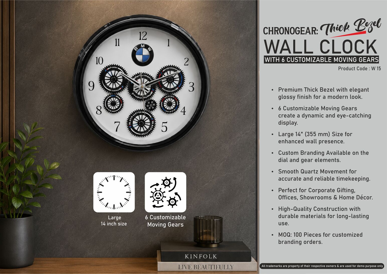 W15 – ChronoGear Canvas: Thick Bezel Wall clock with 6 Customizable moving gears