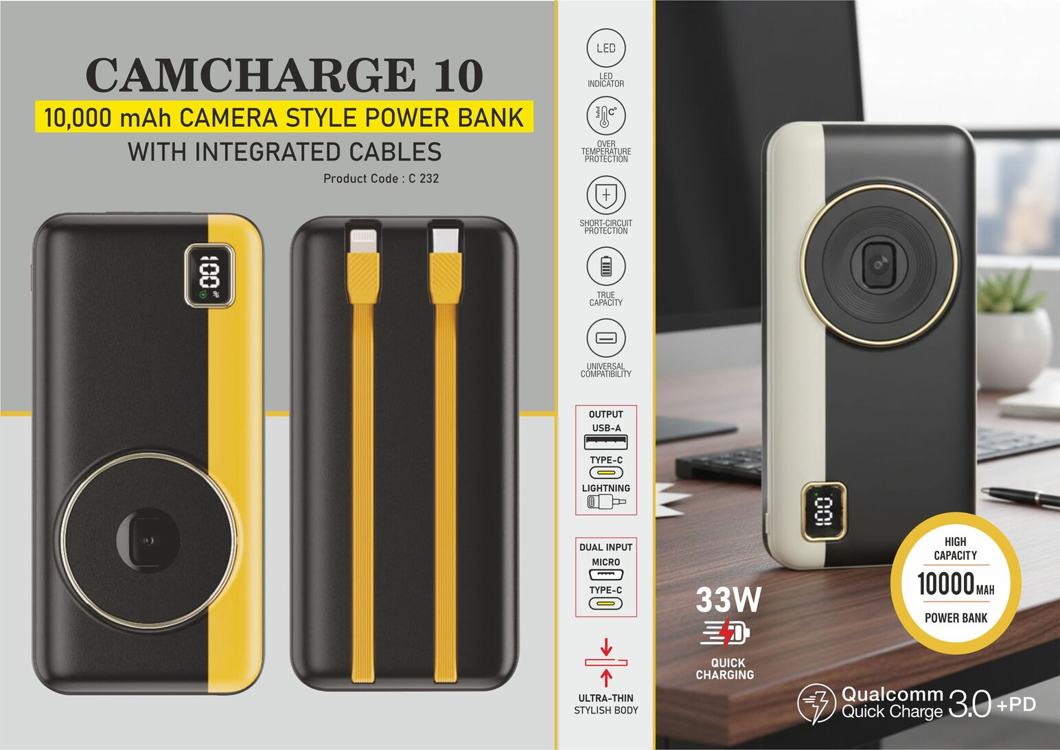C232 – CamCharge 10: 10,000 mAh Camera Style Power bank With Integrated cables
