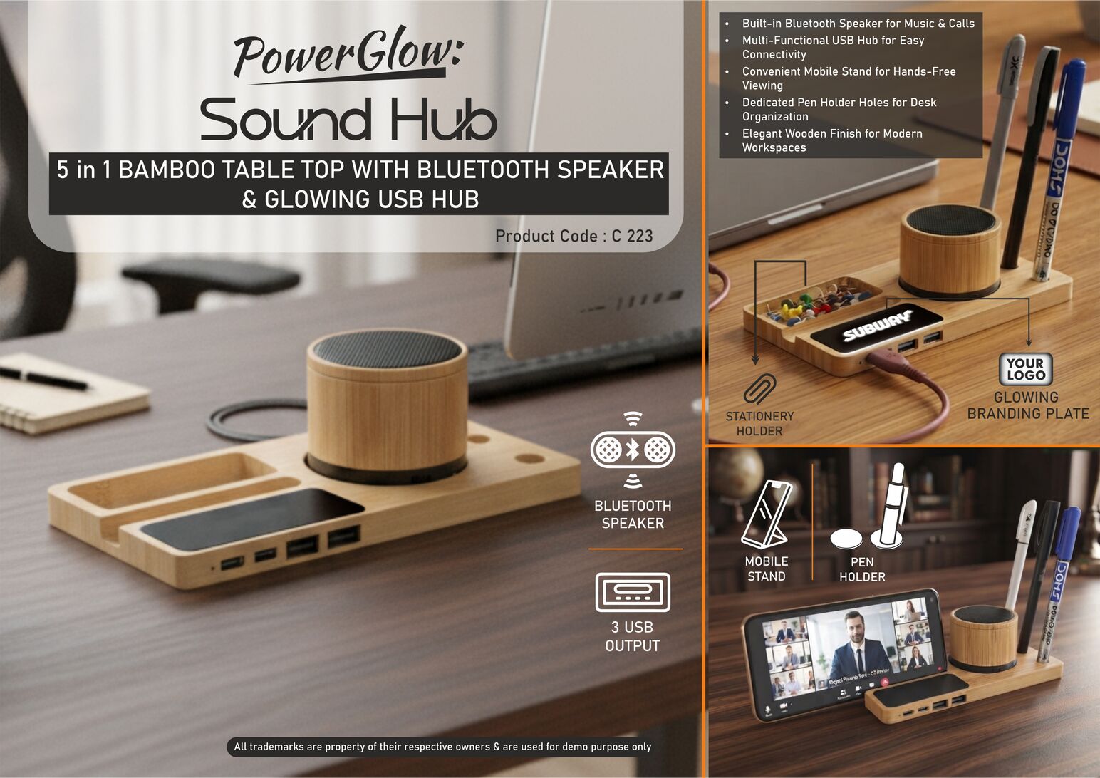 C223 – PowerGlow SoundHub: Bamboo Table Top with Bluetooth Speaker